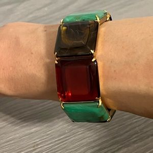 Gold and Plastic Stretch Bracelet with Swirl Design, Red, Turquoise, Brown, Boho